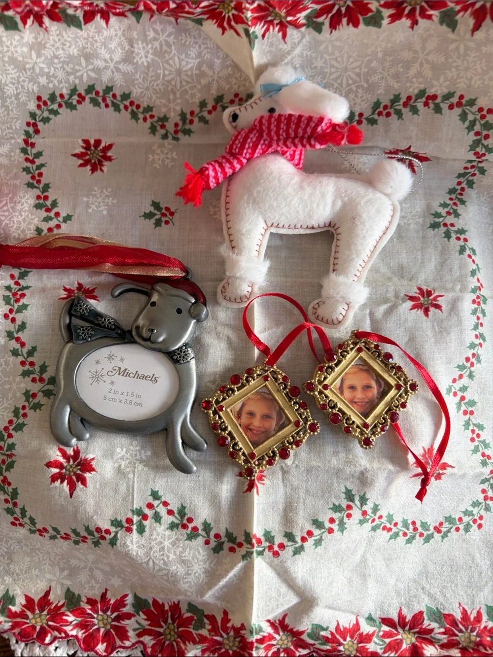 Xmas  Dog Photo Ornament & White Plush poodle - picture frames Xmas hanky vinta